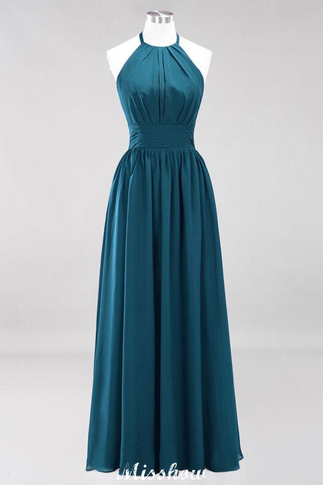 Appliques Halter Sleeveless Floor-Length Bridesmaid Dresses with Ruffles A-line Chiffon Evening Maxi Dress