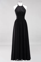 Appliques Halter Sleeveless Floor-Length Bridesmaid Dresses with Ruffles A-line Chiffon Evening Maxi Dress