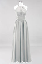 Appliques Halter Sleeveless Floor-Length Bridesmaid Dresses with Ruffles A-line Chiffon Evening Maxi Dress