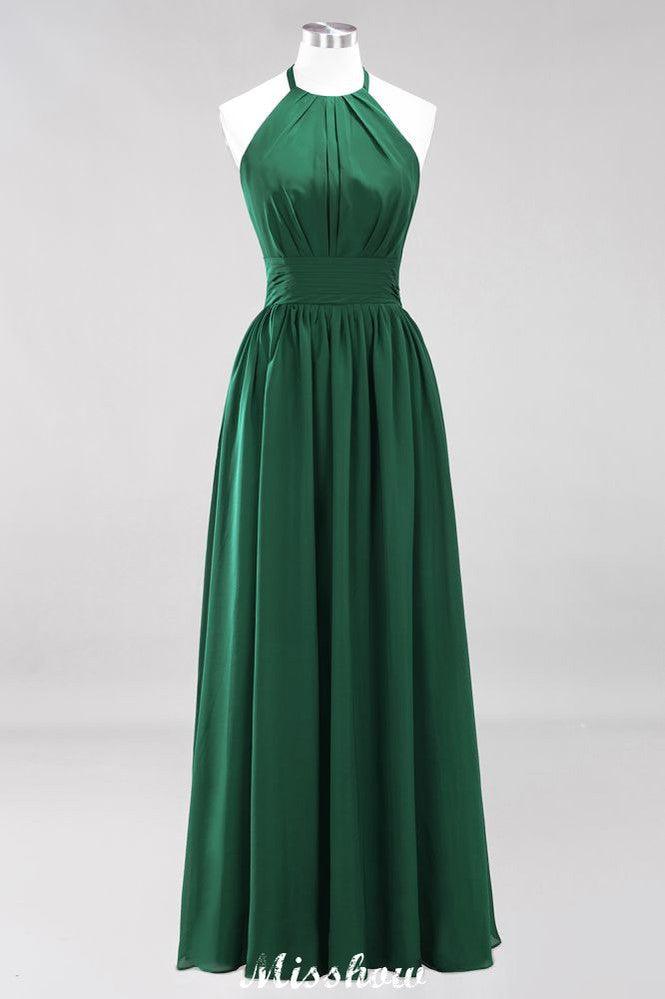 Appliques Halter Sleeveless Floor-Length Bridesmaid Dresses with Ruffles A-line Chiffon Evening Maxi Dress