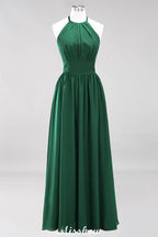 Appliques Halter Sleeveless Floor-Length Bridesmaid Dresses with Ruffles A-line Chiffon Evening Maxi Dress
