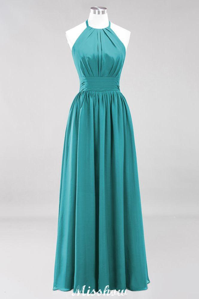 Appliques Halter Sleeveless Floor-Length Bridesmaid Dresses with Ruffles A-line Chiffon Evening Maxi Dress