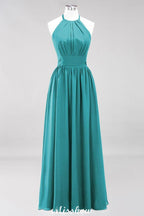 Appliques Halter Sleeveless Floor-Length Bridesmaid Dresses with Ruffles A-line Chiffon Evening Maxi Dress