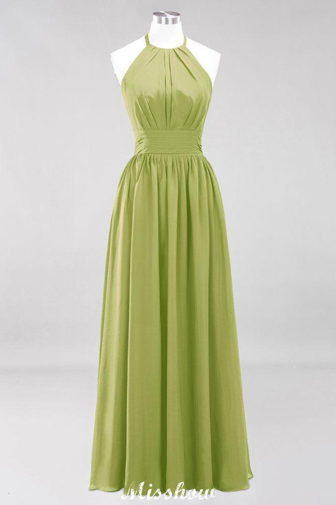 Appliques Halter Sleeveless Floor-Length Bridesmaid Dresses with Ruffles A-line Chiffon Evening Maxi Dress