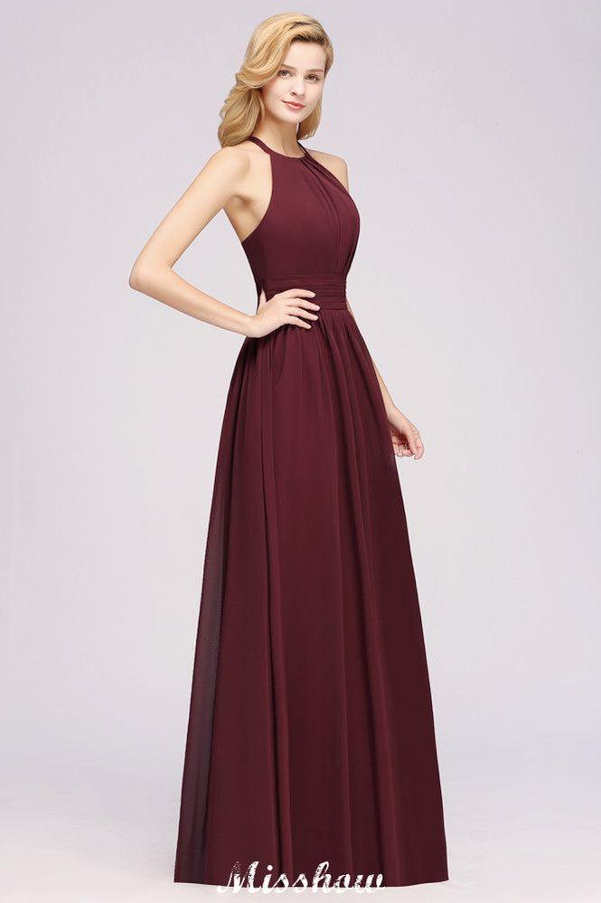 Appliques Halter Sleeveless Floor-Length Bridesmaid Dresses with Ruffles A-line Chiffon Evening Maxi Dress