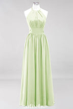 Appliques Halter Sleeveless Floor-Length Bridesmaid Dresses with Ruffles A-line Chiffon Evening Maxi Dress