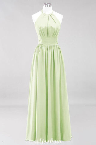Appliques Halter Sleeveless Floor-Length Bridesmaid Dresses with Ruffles A-line Chiffon Evening Maxi Dress