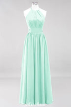 Appliques Halter Sleeveless Floor-Length Bridesmaid Dresses with Ruffles A-line Chiffon Evening Maxi Dress