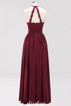 Appliques Halter Sleeveless Floor-Length Bridesmaid Dresses with Ruffles A-line Chiffon Evening Maxi Dress