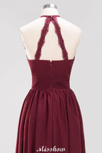 Appliques Halter Sleeveless Floor-Length Bridesmaid Dresses with Ruffles A-line Chiffon Evening Maxi Dress