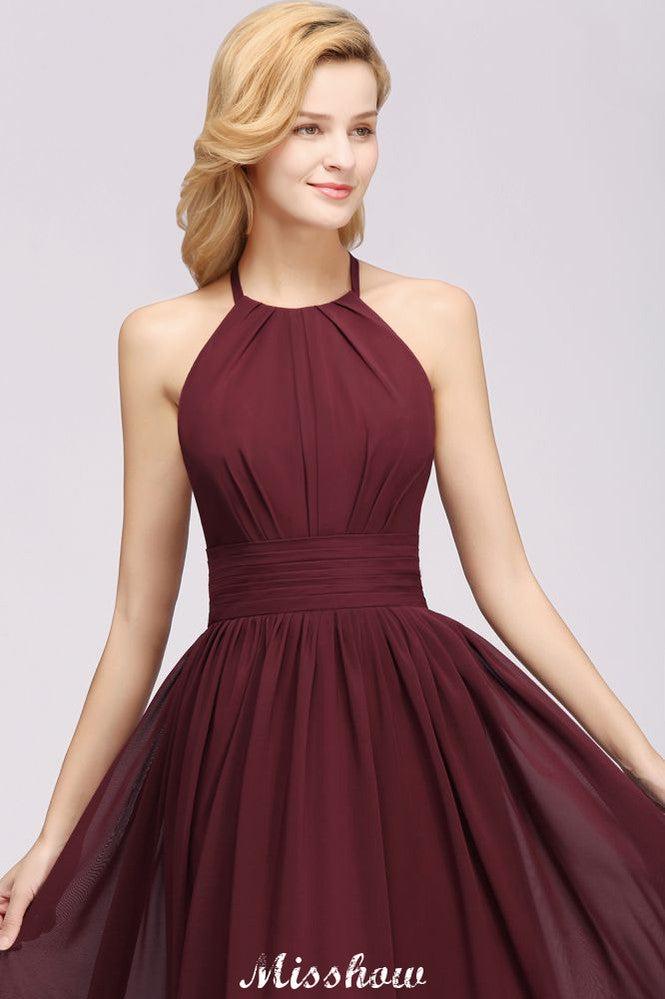 Appliques Halter Sleeveless Floor-Length Bridesmaid Dresses with Ruffles A-line Chiffon Evening Maxi Dress