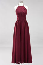 Appliques Halter Sleeveless Floor-Length Bridesmaid Dresses with Ruffles A-line Chiffon Evening Maxi Dress