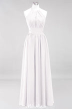 Appliques Halter Sleeveless Floor-Length Bridesmaid Dresses with Ruffles A-line Chiffon Evening Maxi Dress