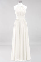 Appliques Halter Sleeveless Floor-Length Bridesmaid Dresses with Ruffles A-line Chiffon Evening Maxi Dress