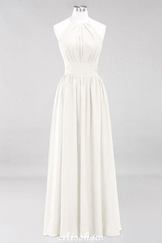 Appliques Halter Sleeveless Floor-Length Bridesmaid Dresses with Ruffles A-line Chiffon Evening Maxi Dress