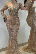 Vestido de Fiesta Largo Hasta el Suelo con Aplicaciones de Encaje, Mangas Largas con Abalorios y Corte de Sirena