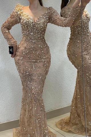 Appliques Lace Beaded Long Sleeves Mermaid Floor Length Prom Dress