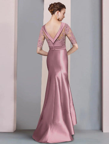 Meerjungfrau/Trompete Kleid für die Brautmutter, formelle Kleider für Hochzeitsgäste im Herbst, elegant, hoch und tief, U-Ausschnitt, Pinselschleppe, asymmetrisch, Satin, Spitze, halbe Ärmel mit Schleife(n), Applikationen