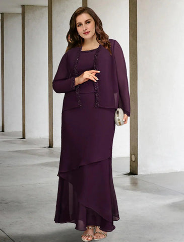 Zweiteiliges A-Linien-Kleid in Übergröße, geschwungen, elegantes Kleid für die Brautmutter, formell, knöchellang, ärmellos, quadratischer Ausschnitt, Chiffon mit Perlenrüschen