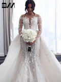 Arabisch Langarm Brautkleider Mit Abnehmbarer Schleppe Spitze Appliques Romantische Braut Kleid Vestidos De Novia Robe De mariee 