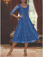 Vestido de mãe da noiva em duas peças, corte A, formal, para casamento, plus size, elegante, decote redondo, comprimento chá, chiffon, renda, manga 3/4, acompanha pregas