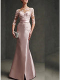 Meerjungfrau/Trompete Kleid für die Mutter der Braut, formelle Party, elegant, U-Ausschnitt, bodenlang, Satinspitze, 3/4-Ärmel mit Falten, geschlitzte Vorderseite