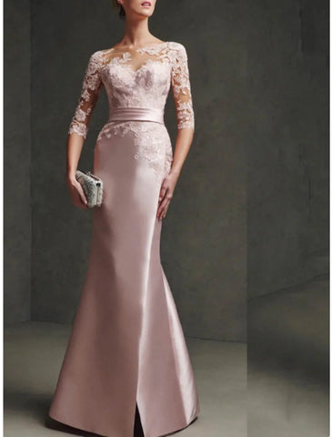 Meerjungfrau/Trompete Kleid für die Mutter der Braut, formelle Party, elegant, U-Ausschnitt, bodenlang, Satinspitze, 3/4-Ärmel mit Falten, geschlitzte Vorderseite
