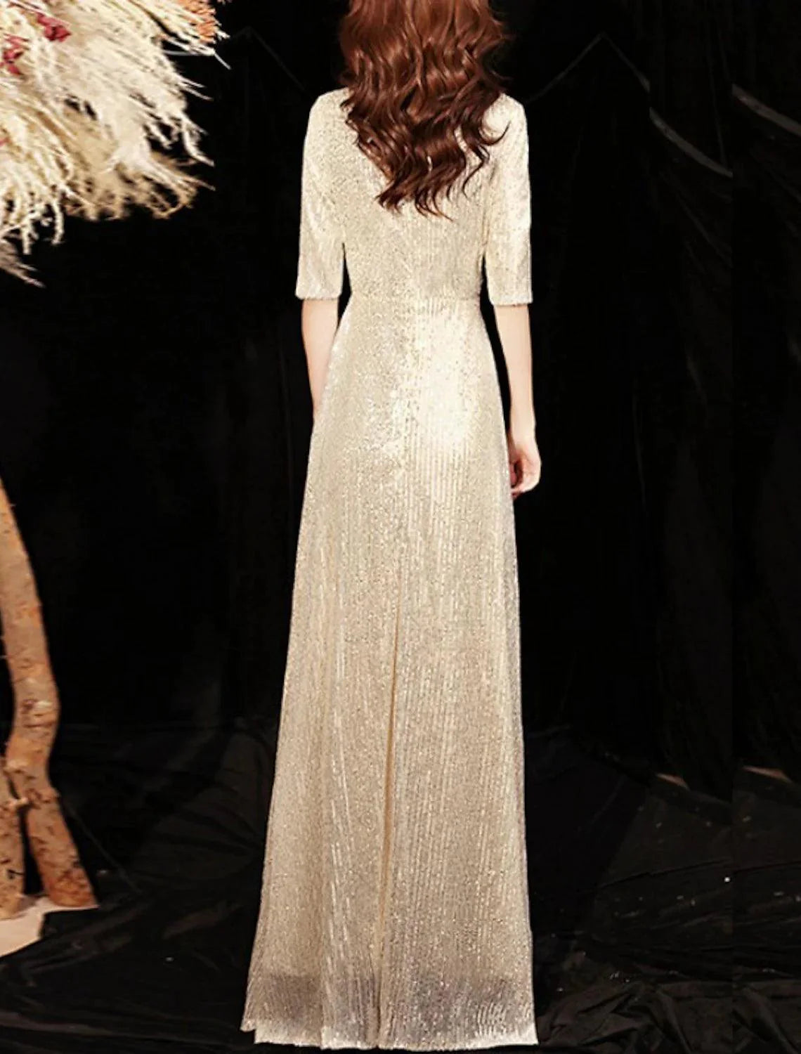 Vestido de festa tubinho/coluna para mãe da noiva, convidada de casamento, elegante, com brilho e decote em V, comprimento até ao chão, com lantejoulas, meia manga e pregas