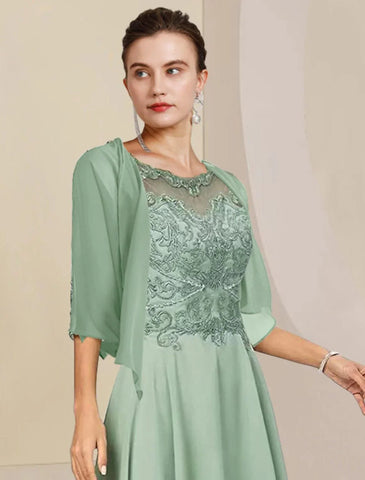 Zweiteiliges A-Linien-Kleid für die Mutter der Braut, formeller Hochzeitsgast, eleganter hoher und niedriger U-Ausschnitt, asymmetrische knielange Chiffon-Spitze, halbe Ärmel, Wickelkleid mit Perlenapplikationen