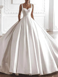 Royal Style Formale Brautkleider Ballkleid Square Neck Sleeveless Kapelle Zug Satin Brautkleider Mit Volltonfarbe