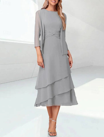 Elegantes, gestuftes Chiffon-Überkleid mit 3/4-Ärmeln für Hochzeitsgäste im Kleid für die Brautmutter enthalten