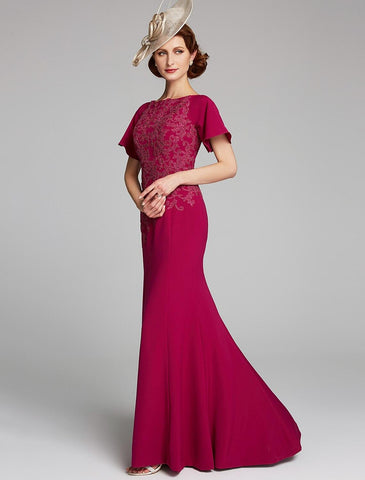 Meerjungfrau/Trompete Kleid für die Brautmutter, U-Boot-Ausschnitt, bodenlang, Chiffon, Spitze, kurze Ärmel mit Spitze, Schlitz vorne