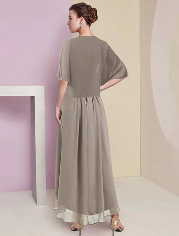 Zweiteiliges A-Linien-Kleid für die Mutter der Braut, formelle Hochzeitsgäste, eleganter High-Low-V-Ausschnitt, asymmetrische knielange Chiffon-Spitze, halbe Ärmel, Wickelkleid inklusive gerüschter Applikationen