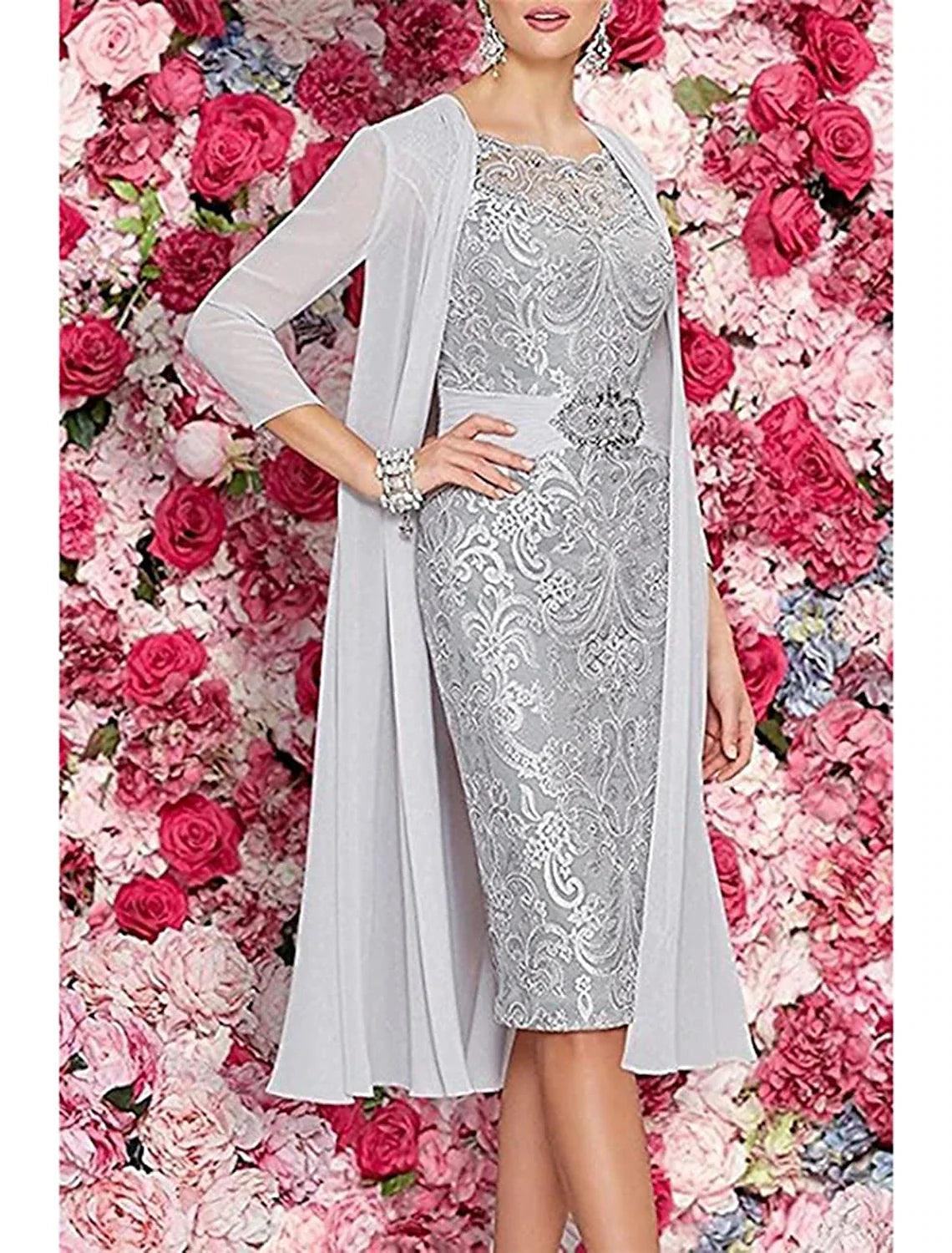 Vestido de mãe da noiva de duas peças, bainha/coluna, formal, para convidada de casamento, elegante, decote redondo, comprimento até ao joelho, chiffon, renda, sem mangas, com aplicações de missangas
