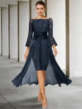 Formeller Hochzeitsgast, elegante Party, schulterfrei, knielang, Chiffon, Spitze, Kunstseide, 3/4-Ärmel, mit Schleife(n), Kleid für die Mutter der Braut
