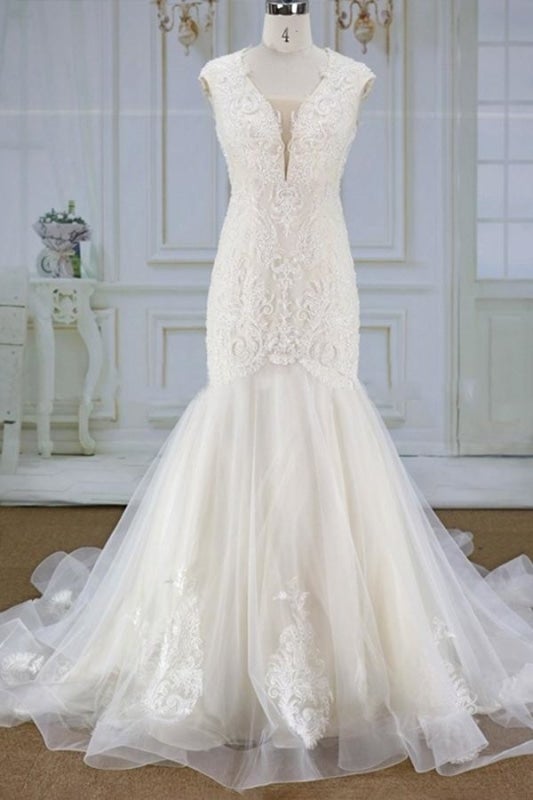 Fantastische Applikationen Tüll Meerjungfrau elegante Hochzeitskleider