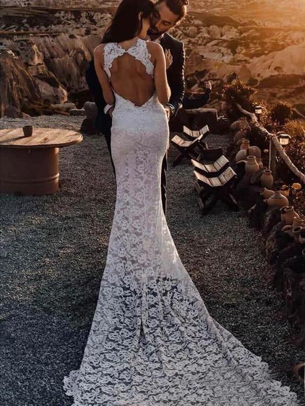 Fantastisches Spitzen-Open-Back-Beach-Mermaid-Elegantes Hochzeitskleid