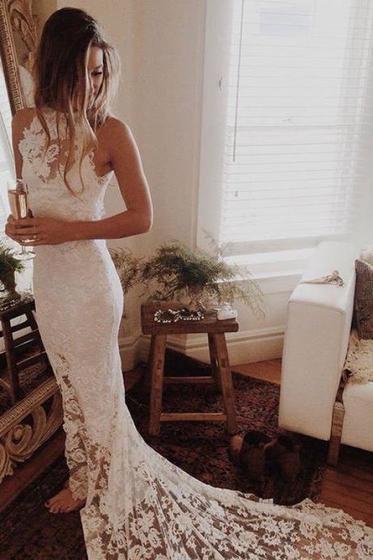 Fantastisches Spitzen-Open-Back-Beach-Mermaid-Elegantes Hochzeitskleid