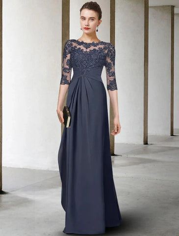Etuikleid/Säulenkleid in Übergröße, geschwungen, elegantes Kleid für die Brautmutter, Rundhalsausschnitt, bodenlang, Chiffon, Spitze, halbe Ärmel mit Falten, gerüschten Applikationen