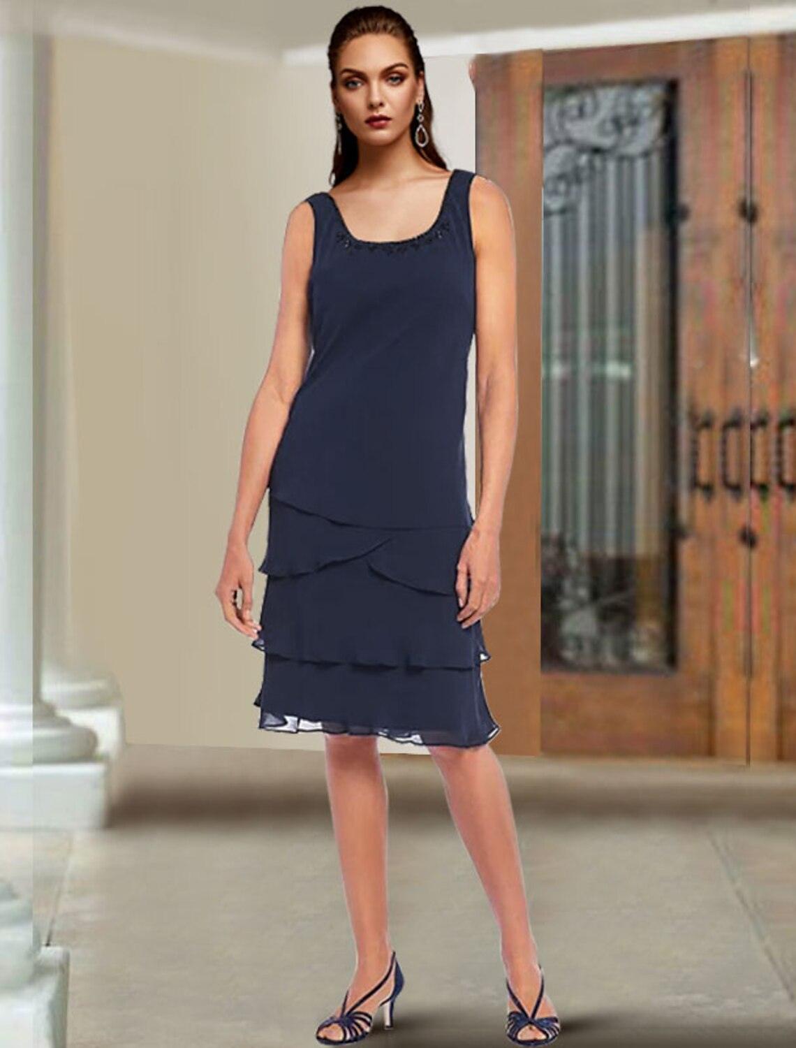 Vestido de mãe da noiva de duas peças, elegante, com decote redondo, comprimento até ao joelho, em chiffon e renda, sem mangas, com folhos e missangas