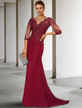 Meerjungfrau/Trompete Kleid für die Brautmutter, luxuriös, elegant, V-Ausschnitt, Hofschleppe, Spitze, Stretch-Chiffon, 3/4-Ärmel mit Pailletten-Applikationen