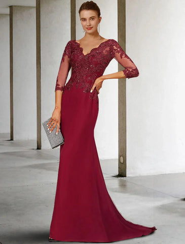 Meerjungfrau/Trompete Kleid für die Brautmutter, luxuriös, elegant, V-Ausschnitt, Hofschleppe, Spitze, Stretch-Chiffon, 3/4-Ärmel mit Pailletten-Applikationen