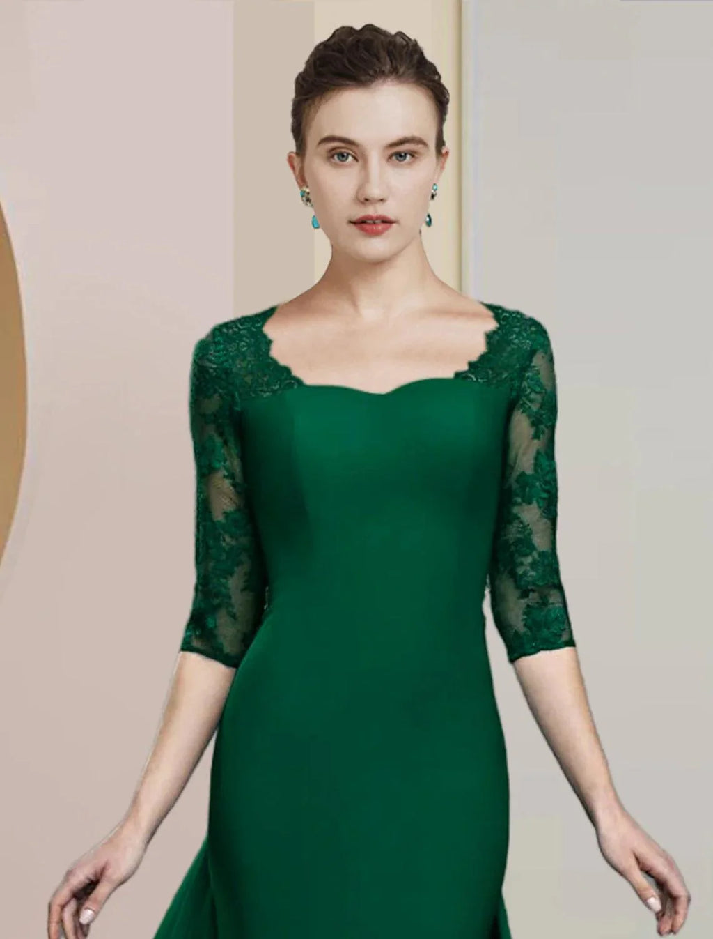 Vestido de mãe da noiva com bainha/coluna, para convidada de casamento formal, elegante, decote redondo, comprimento até ao chão, chiffon, renda, meia manga com aplicações