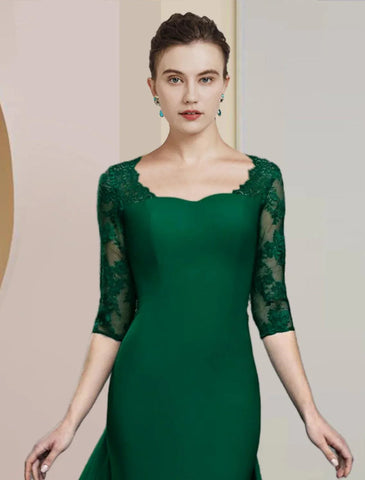 Sheath / Column Mother of the Bride Dress Formal Wedding Guest Elegant Scoop Neck Floor Length Chiffon Lace Half Sleeve with Appliques