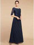 Vestido de mãe da noiva elegante, decote redondo, comprimento até ao tornozelo, chiffon, renda, meia manga, com lantejoulas, cor sólida