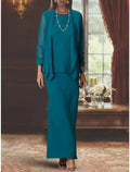Robe deux pièces gainée / colonne pour la mère de la mariée, tenue de mariage formelle pour invitée, élégante, encolure en cœur, longue jusqu'au sol, en mousseline de soie, manches longues, ceinture incluse, couleur unie
