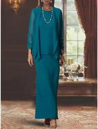 Robe deux pièces gainée / colonne pour la mère de la mariée, tenue de mariage formelle pour invitée, élégante, encolure en cœur, longue jusqu'au sol, en mousseline de soie, manches longues, ceinture incluse, couleur unie