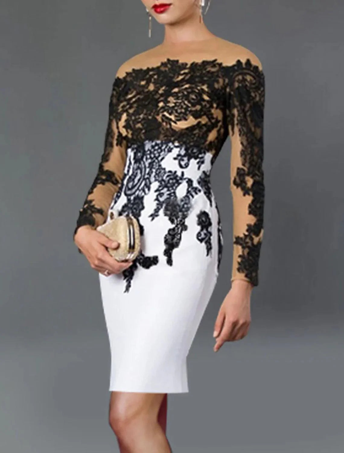 Vestido de cocktail preto com bainha/coluna, tamanho grande, elegante, para convidada de casamento no outono, para mãe, comprimento chá, manga comprida, ombro de fora, tecido elástico com aplicações
