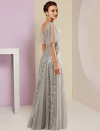 Vestido de festa para mãe da noiva, com brilho e decote em V, comprimento até ao chão, renda, tule, manga curta com pregas e lantejoulas