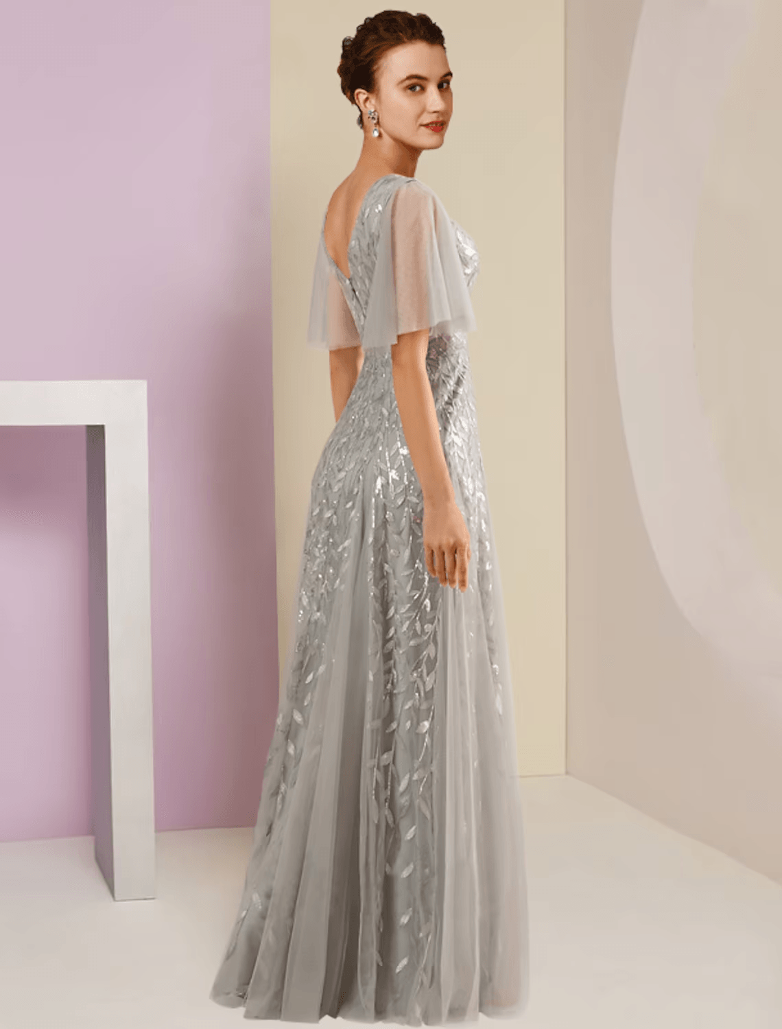 Vestido de festa para mãe da noiva, com brilho e decote em V, comprimento até ao chão, renda, tule, manga curta com pregas e lantejoulas